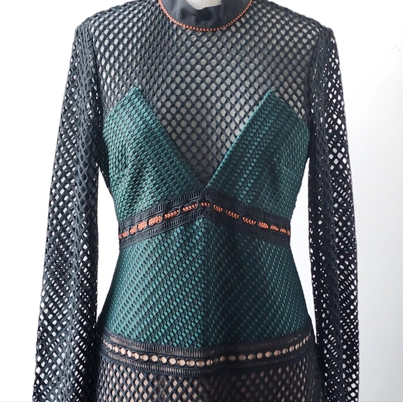 Self-Portrait Green Mesh Midi Length Dress SZ 12UK - Picture 2 of 6